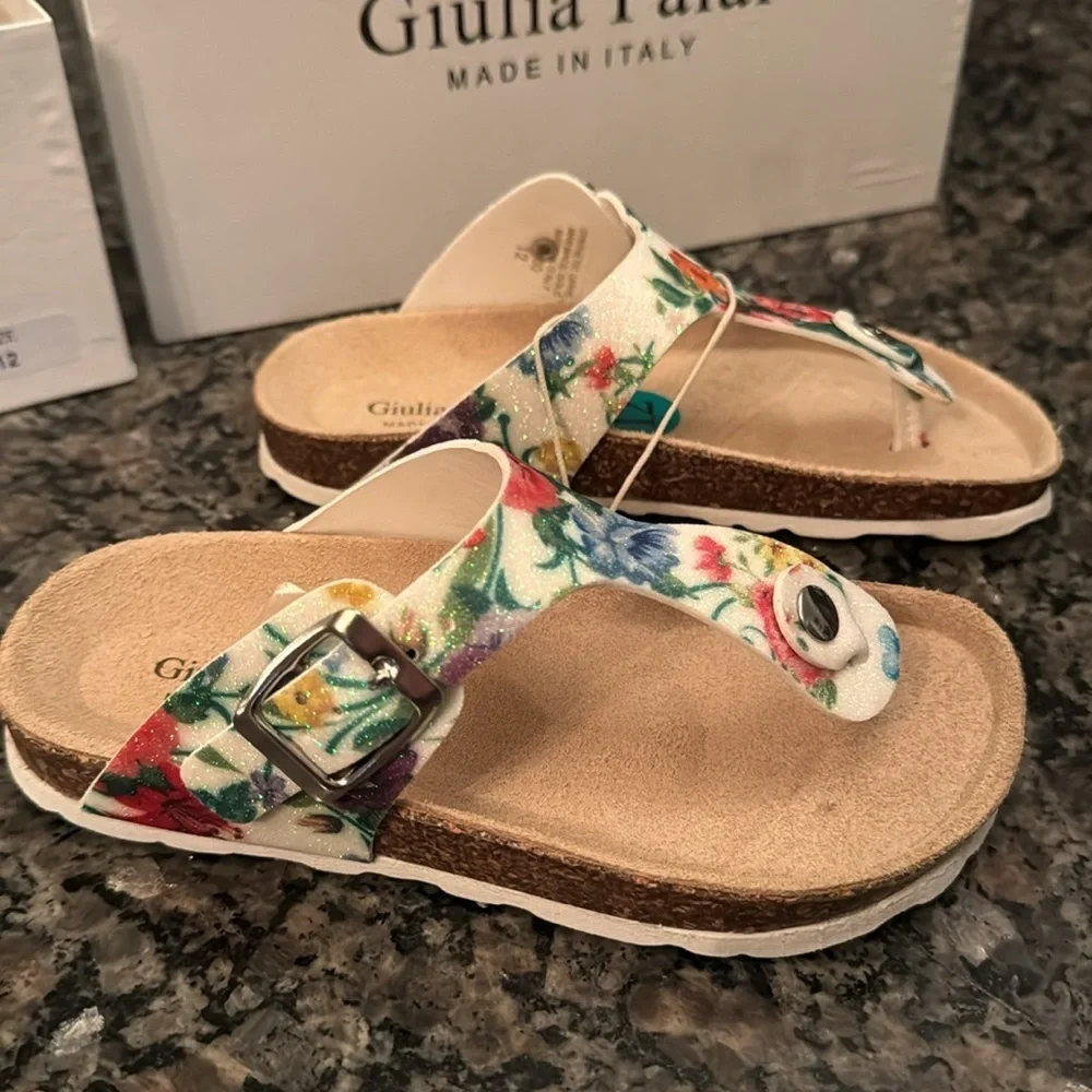 Giulia Palai floral thong flip flop leather molded bed sandal 12 girls NIB